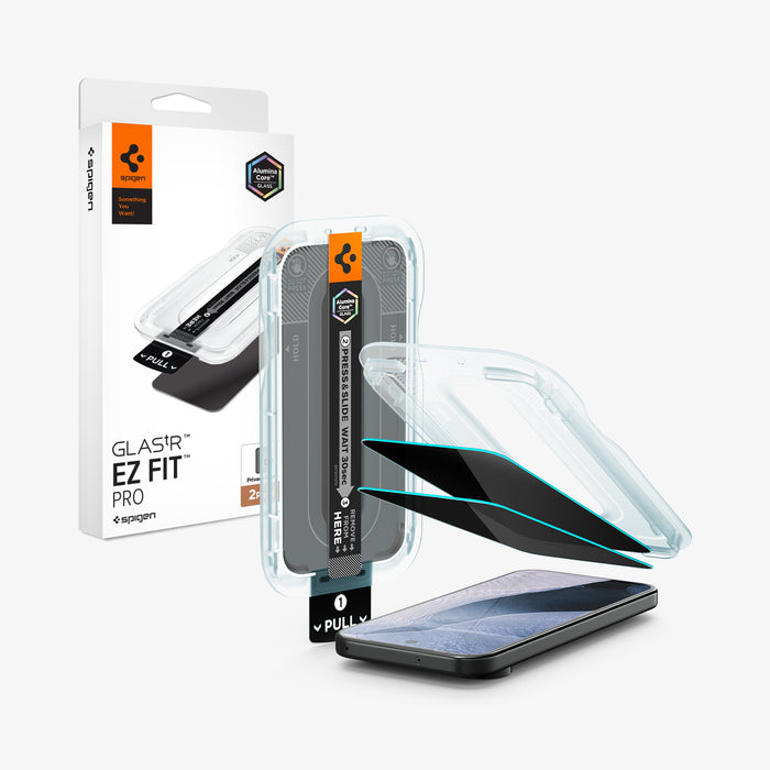 AGL11486 - Pixel 11 Pro XL GLAS.tR EZ Fit | Privacy front and angled views of the EZ Fit installation tray, privacy tempered glass protectors, and packaging.