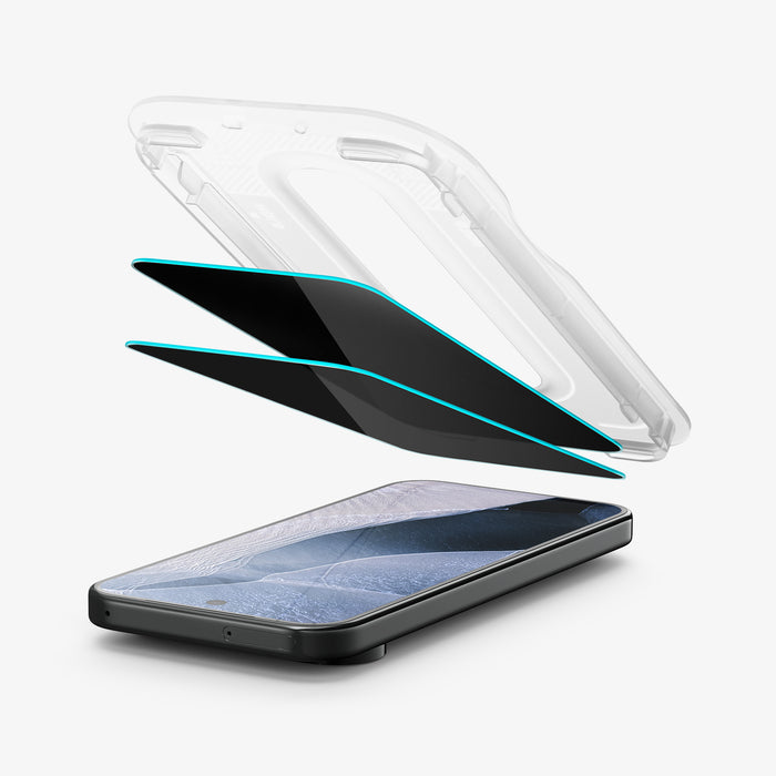 AGL11486 - Pixel 11 Pro XL GLAS.tR EZ Fit | Privacy exploded view showing the installation tray, privacy glass protectors, and phone