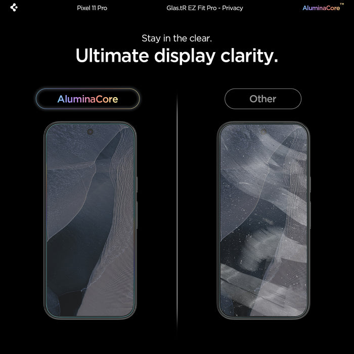 AGL11486 - Pixel 11 Pro XL GLAS.tR EZ Fit | Privacy comparison showing clearer display with AluminaCore privacy glass.