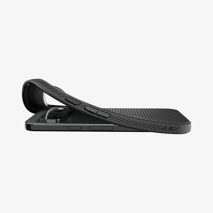 ACS11449 - Pixel 11 Pro XL Liquid Air (Mag Fit) Matte Black case shown during installation on a Google Pixel device, demonstrating the flexible TPU construction.