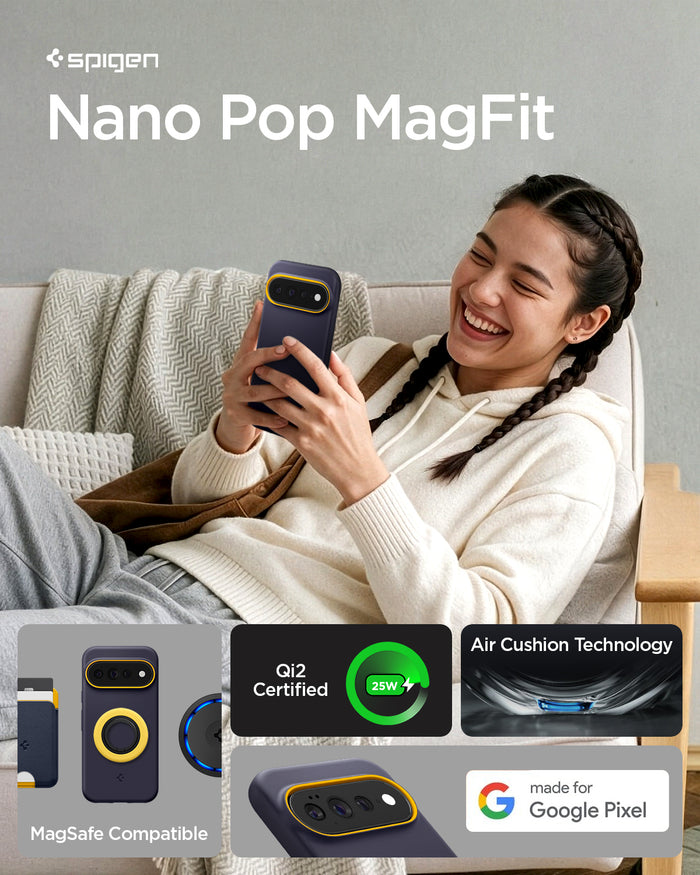 ACS11454 - Pixel 11 Pro XL Nano Pop (Mag Fit) Blueberry Navy person holding the Nano Pop MagFit case demonstrating magnetic compatibility, Qi2 certified charging, and everyday use.
