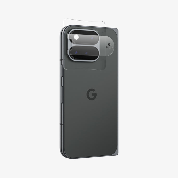 AGL11491 - Pixel 11 Pro Fold Optik EZ Fit Lens Protector alignment tray placed over the camera area for guided lens protector installation.