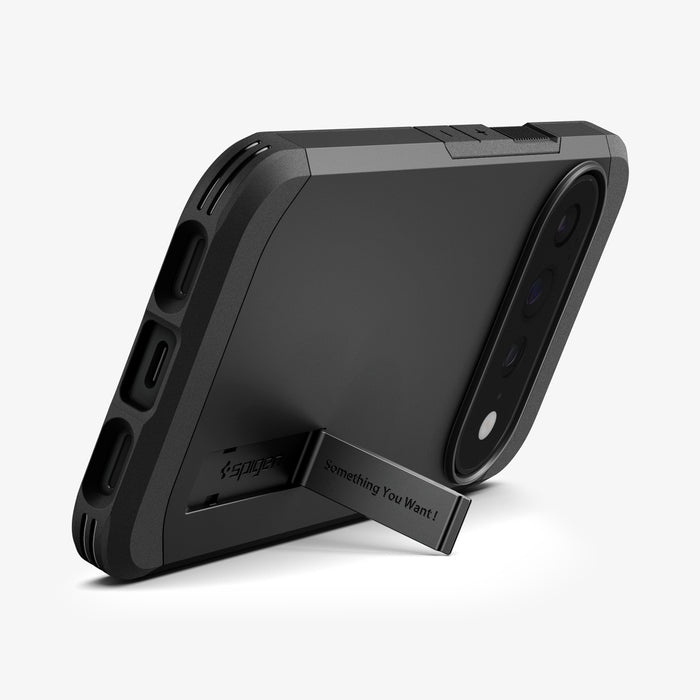 ACS11453 - Pixel 11 Pro XL Tough Armor (Mag Fit) Black case displayed with the built in kickstand extended for hands free viewing.
