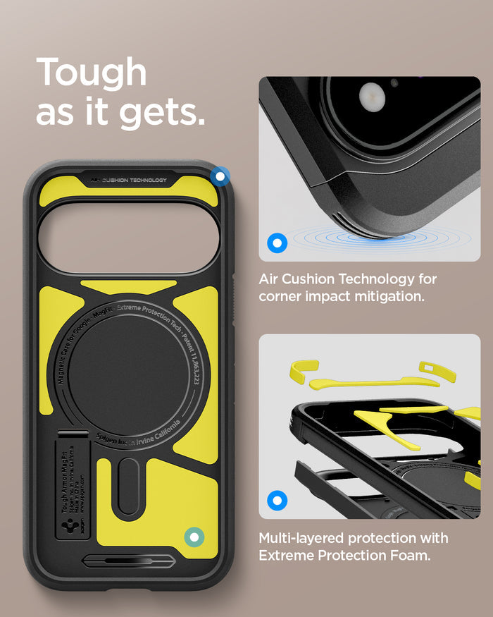 ACS11453 - Pixel 11 Pro XL Tough Armor (Mag Fit) Black interior view highlighting Air Cushion Technology, Extreme Protection Foam, and the built in magnetic ring.
