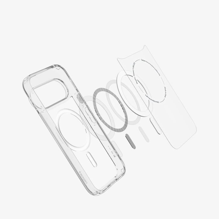 ACS11451 - Pixel 11 Pro XL Ultra Hybrid (Mag Fit) Clear White exploded view showing the built in MagFit ring, hybrid construction, and layered design.