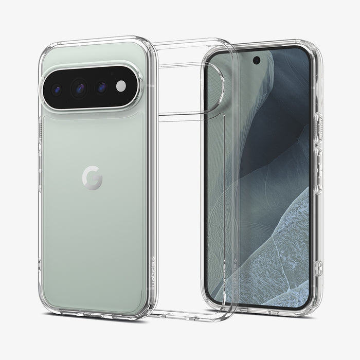 ACS11450 - Pixel 11 Pro XL Ultra Hybrid Crystal Clear front and back views of the crystal clear case showing a slim design and raised camera surround.