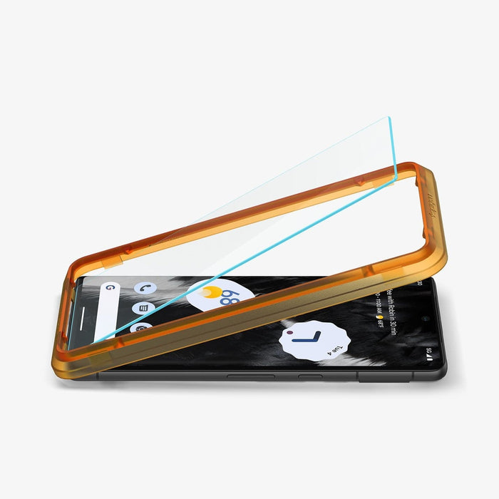 AGL05199 - Pixel 7 Screen Protector AlignMaster GLAS.tR showing the device laying flat and alignment tray with screen protector being installed onto it