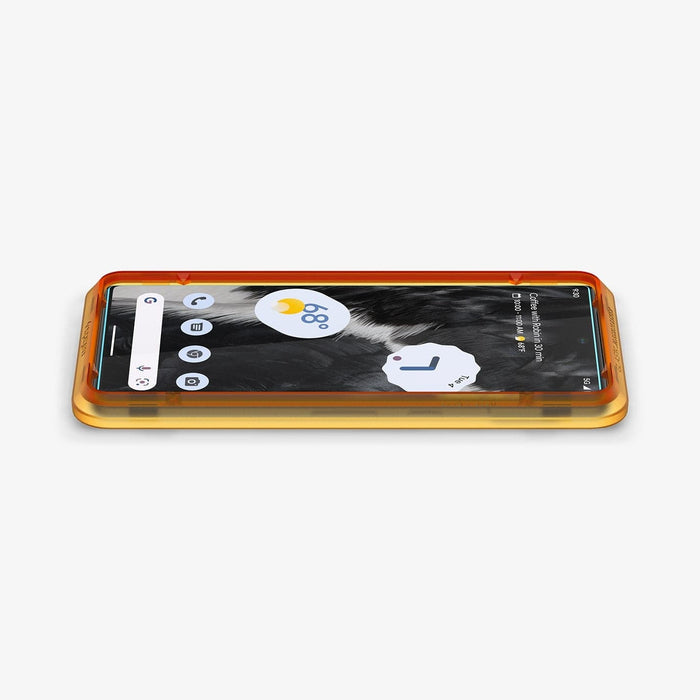 AGL05199 - Pixel 7 Screen Protector AlignMaster GLAS.tR showing the device laying flat and alignment tray installed onto device