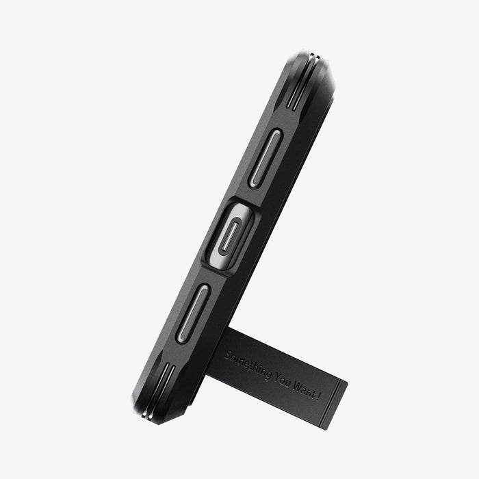 ACS06319 - Pixel 8 Pro Case Tough Armor in black showing the bottom with device propped up by built in kickstand