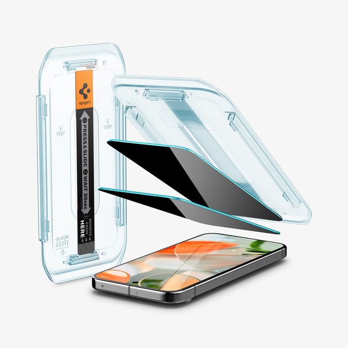 AGL09313 - Pixel 9 Pro XL GLAS.tR EZ Fit Privacy in Privacy showing the alignment tray hovering above the 2 screen protector and the device