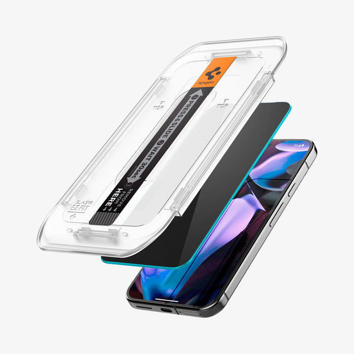 AGL09313 - Pixel 9 Pro XL GLAS.tR EZ Fit Privacy in Privacy showing the front of alignment tray hovering in front of the screen protector and the device