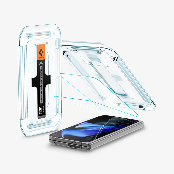 AGL09106 - Pixel 9 Pro Fold GLAS.tR EZ Fit in Clear showing the installation tray hovering above the 2 screen protectors and the device, beside it is another installation tray