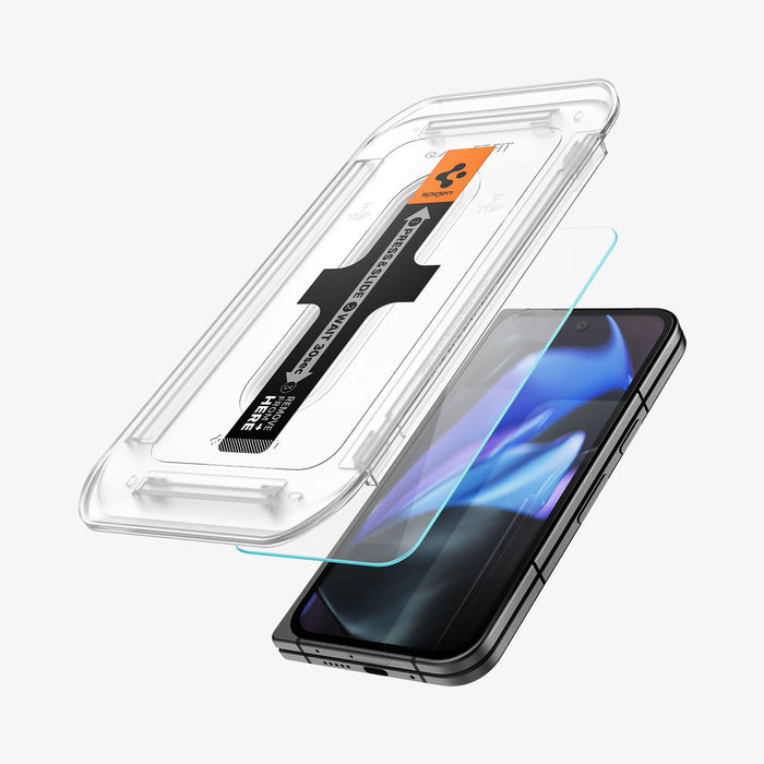 AGL09106 - Pixel 9 Pro Fold GLAS.tR EZ Fit in Clear showing the top of the installation tray hovering in front of the screen protector and the device