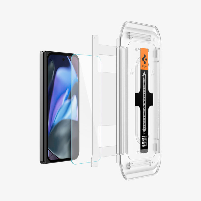 AGL09106 - Pixel 9 Pro Fold GLAS.tR EZ Fit in Clear showing the front of the installation tray aligned with the film screen protector, screen protector and the device