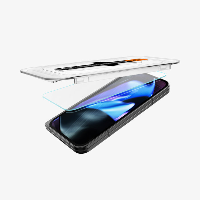 AGL09106 - Pixel 9 Pro Fold GLAS.tR EZ Fit in Clear showing the installation tray partially hovering above the screen protector and the device