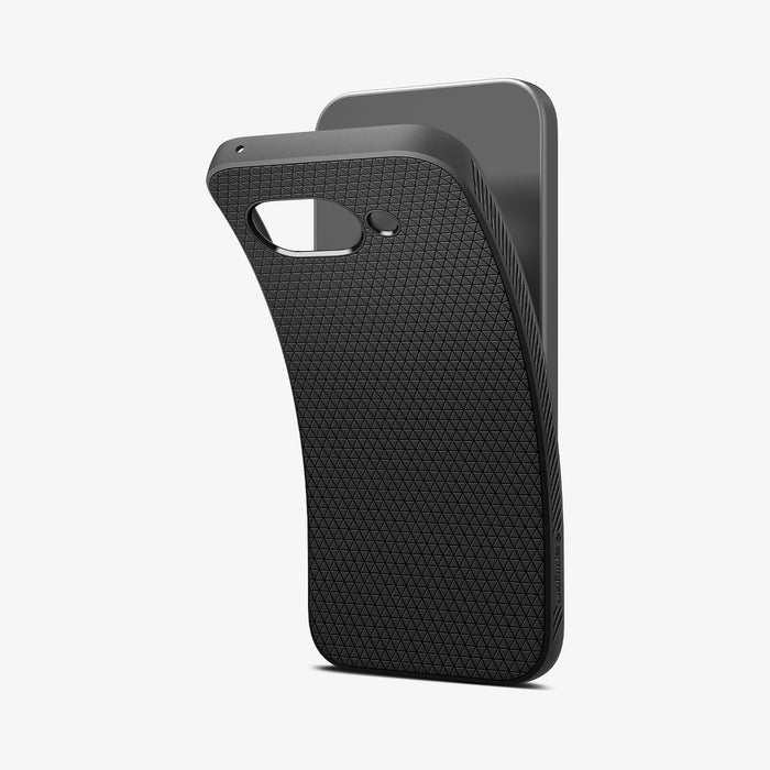 ACS09039 - Pixel 9a Case Liquid Air in Matte Black showing the back, partial side and top, partially lifted from the case