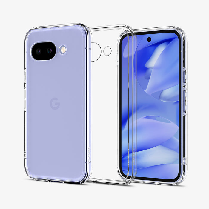 ACS09042 - Pixel 9a Case Ultra Hybrid in Crystal Clear showing the back, partial front and sides, case without device in the middle.