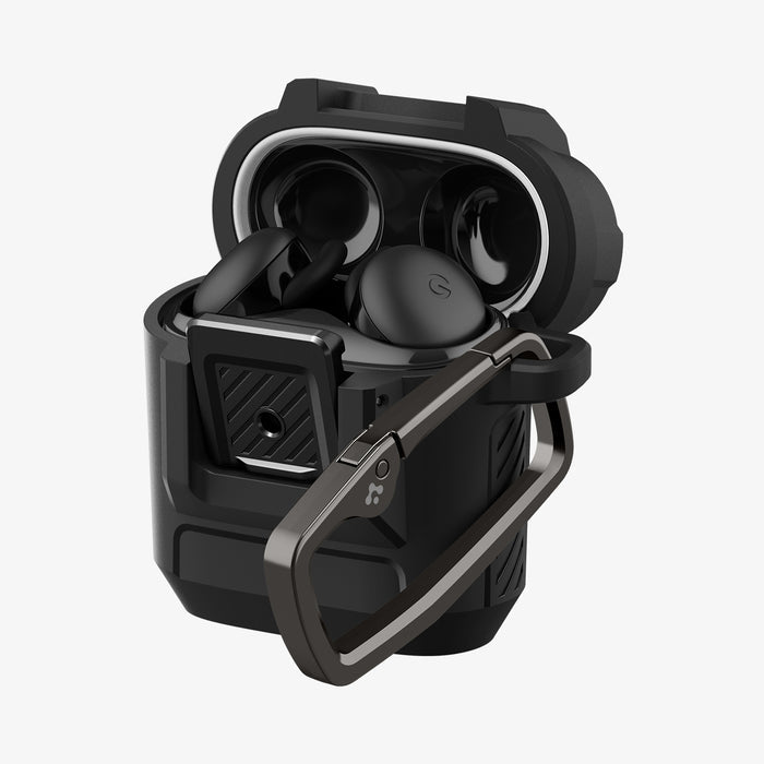 ACS09481 - Pixel Buds 2a Case Lock Fit in black showing the front and side with top open