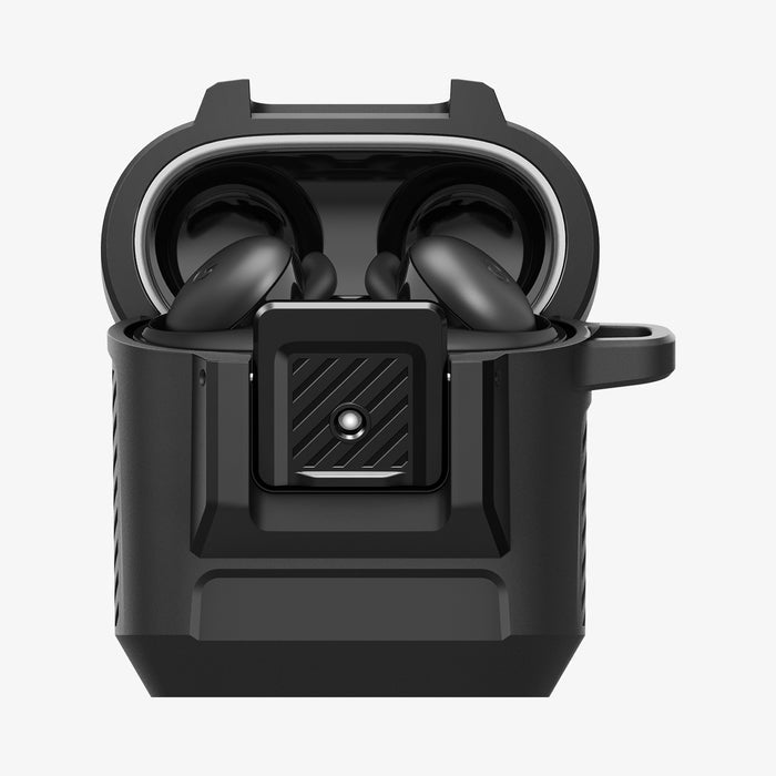ACS09481 - Pixel Buds 2a Case Lock Fit in black showing the front with top open