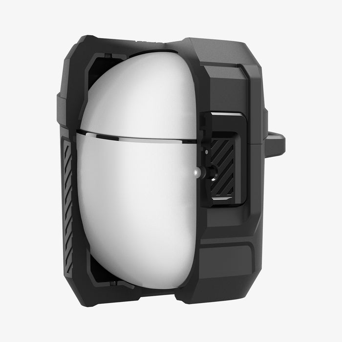 ACS09481 - Pixel Buds 2a Case Lock Fit in black showing the front and side with case cut half open to show inside