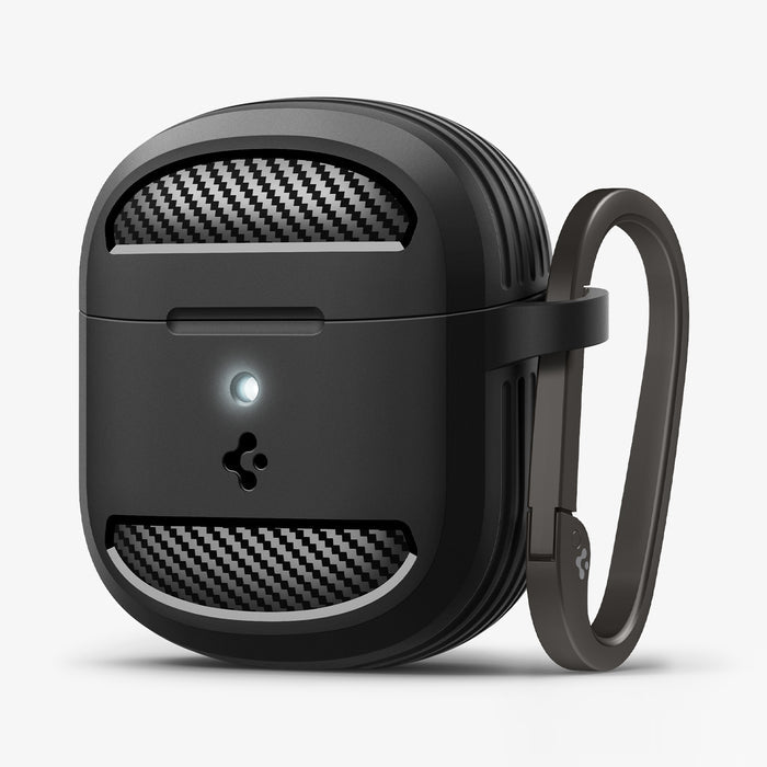 ACS09480 - Pixel Buds 2a Case Rugged Armor in black showing the front and side with carabiner