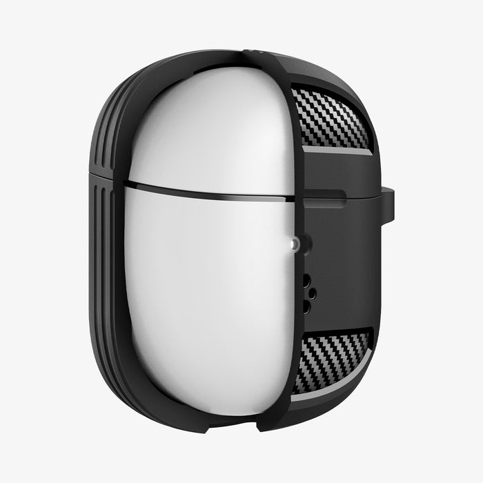 ACS09480 - Pixel Buds 2a Case Rugged Armor in black showing the front with case cut half open to show inside
