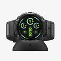 ACS11223 - Pixel Watch 4 (45mm) Band Rugged Armor Pro in black showing the front with watch on charging stand
