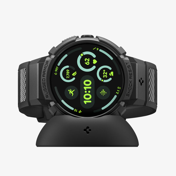 ACS11223 - Pixel Watch 4 (45mm) Band Rugged Armor Pro in black showing the front with watch on charging stand