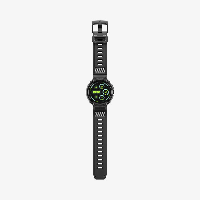 ACS11223 - Pixel Watch 4 (45mm) Band Rugged Armor Pro in black showing the front with watch band laid out flat