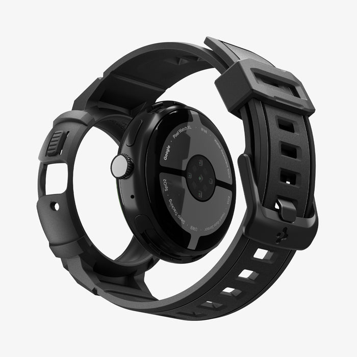 ACS11223 - Pixel Watch 4 (45mm) Band Rugged Armor Pro in black showing the back with watch face hovering away from band