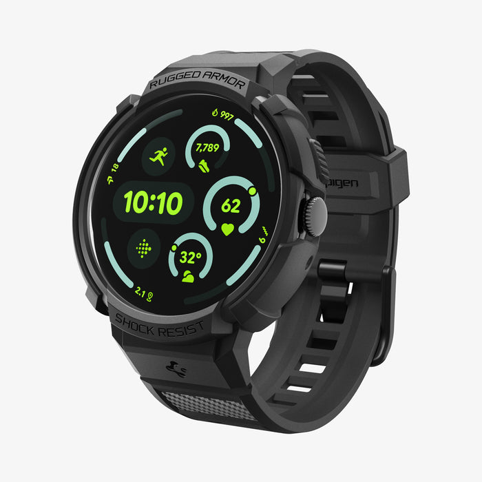 ACS11223 - Pixel Watch 4 (45mm) Band Rugged Armor Pro in black showing the front and partial side