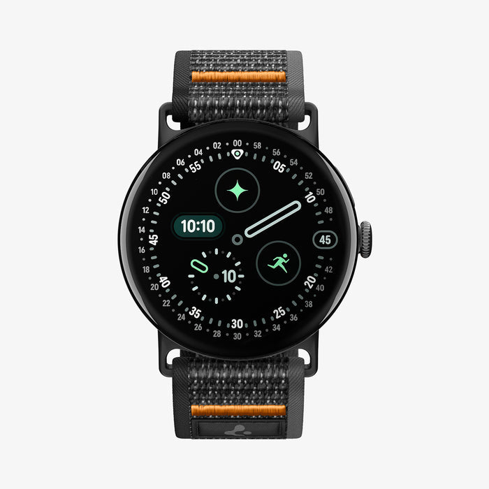 AMP11747 - Pixel Watch 5 (45mm) Athlex Air Active Black Orange front view highlighting the clean and minimalist woven band design.