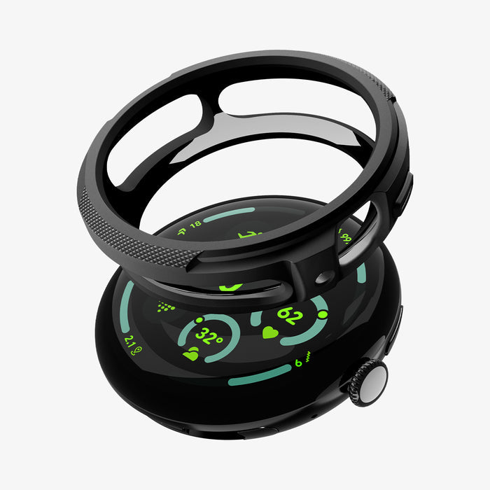 ACS11222 - Pixel Watch 5 (45mm) Liquid Air Matte Black showing the case hovering above the watch face