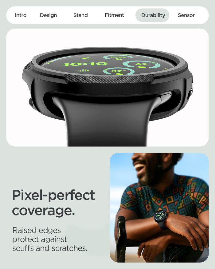 ACS11222 - Pixel Watch 5 (45mm) Liquid Air Matte Black showing the pixel perfect coverage. Raised edges protect against scuffs and scratches