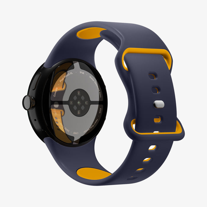 AMP09490 - Pixel Watch 5 (45mm) Nano Pop Blueberry Navy rear angled view showcasing the seamless fit and secure attachment to the watch.