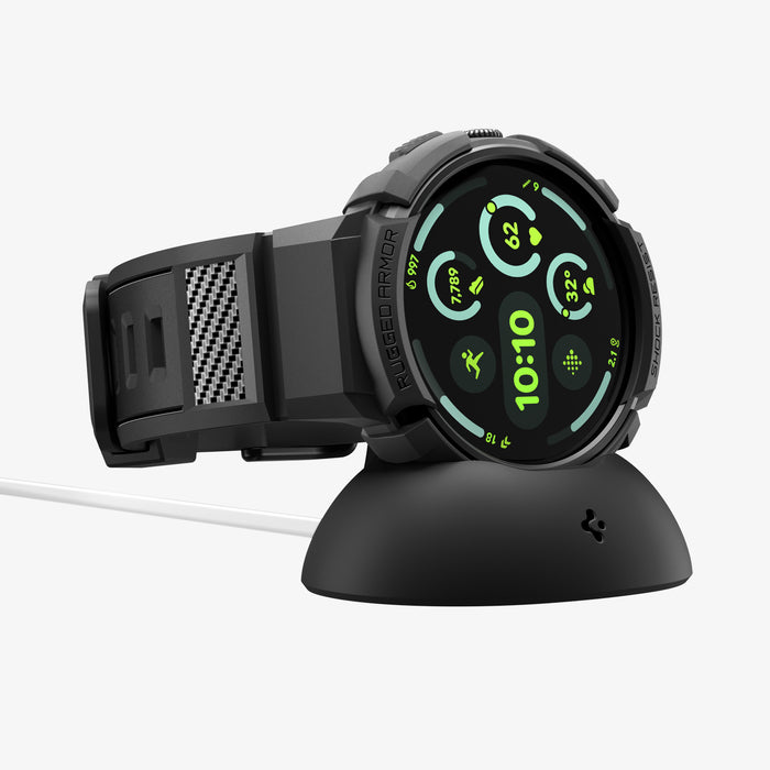 ACS11223 - Pixel Watch 5 (45mm) Rugged Armor Pro Black showing the front and side with watch on charger