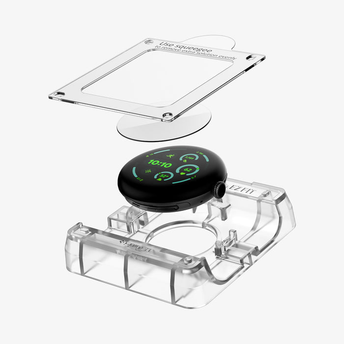 AFL08525 - Pixel Watch 3 (45mm) EliteShield EZ Fit in Clear showing the installation tray hovering above the screen protector and the face watch and bottom of installation tray, beside it, is the packaging