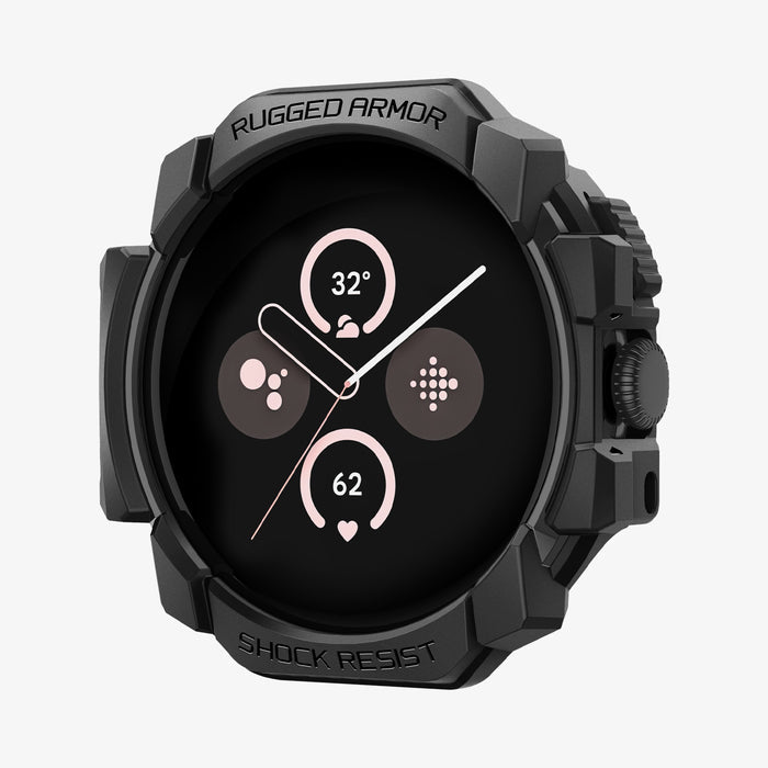 ACS07597 - Pixel Watch 3 (45mm) Rugged Armor in Matte Black showing the front of pixel watch head with the case on