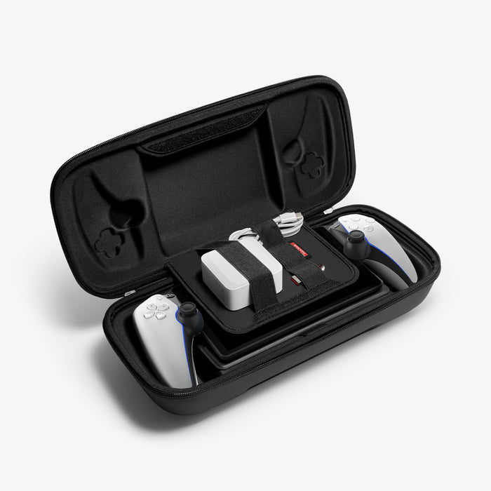 AFA07236 - PlayStation Portal Rugged Armor Pro Pouch in Black showing the inner and sides with multiple items inside