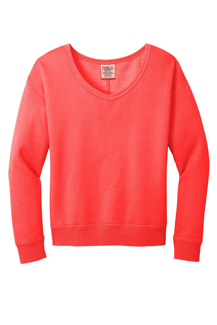 Port & Co LPC098V Women's Beach Wash Garment-Dyed V-Neck Sweatshirt