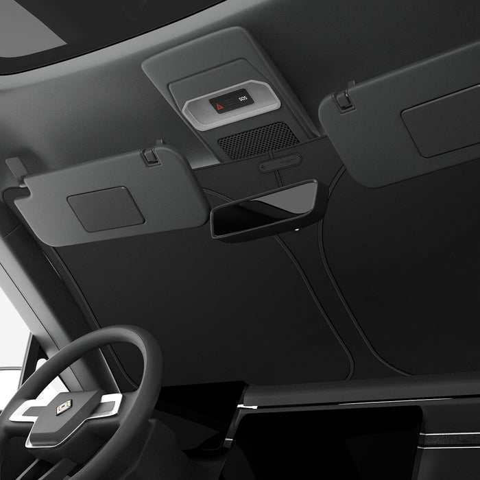 ACP09093 - R1S (2022-2025) Rivian CryoShade RO260 in Black showing the front of the vehicle installed with the sun protector