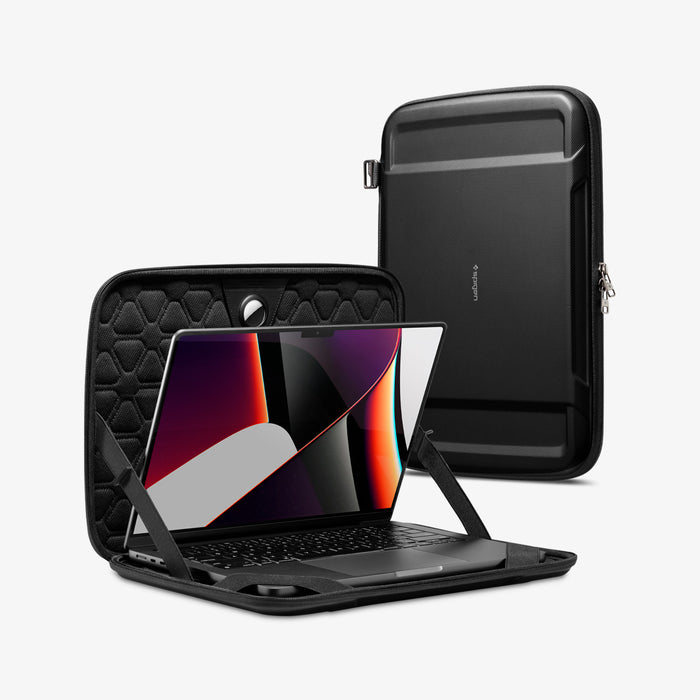 AFA04270 - Rugged Armor Pro Laptop Pouch 14" in Black showing the front and inner with laptop inside