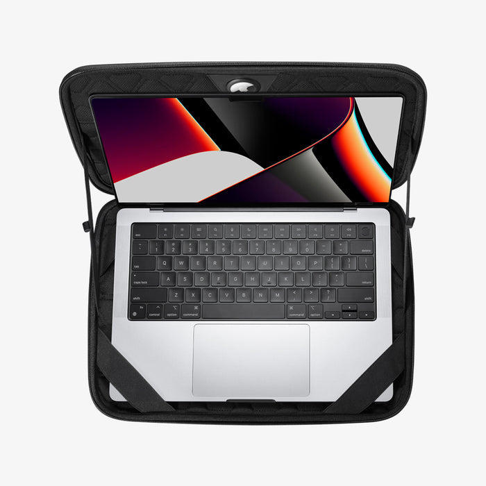AFA04270 - Rugged Armor Pro Laptop Pouch 14" in Black showing the top view of the device while open,  and inside of the pouch