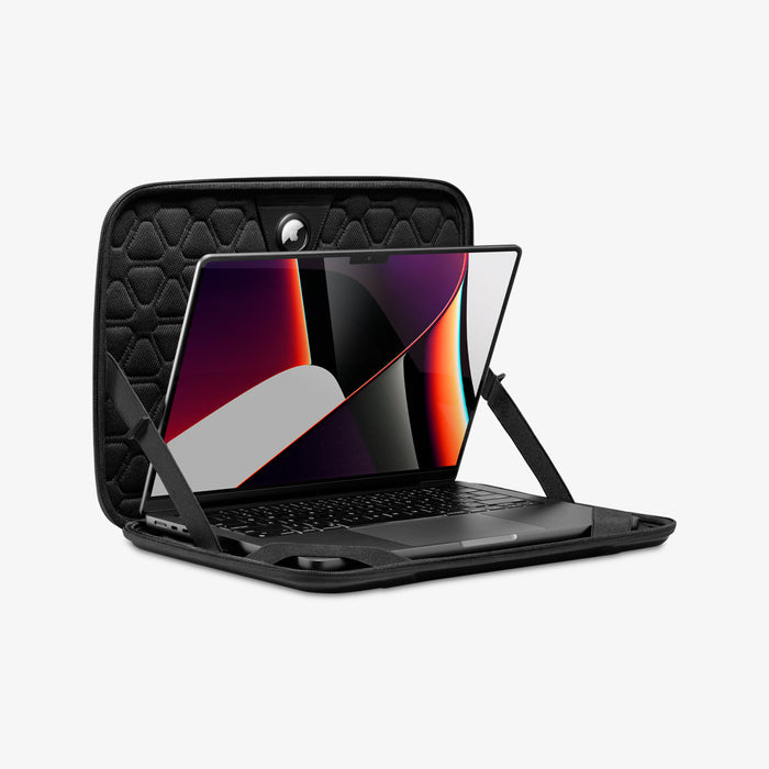 AFA04270 - Rugged Armor Pro Laptop Pouch 14" in Black showing the front and inner of the pouch with laptop inside