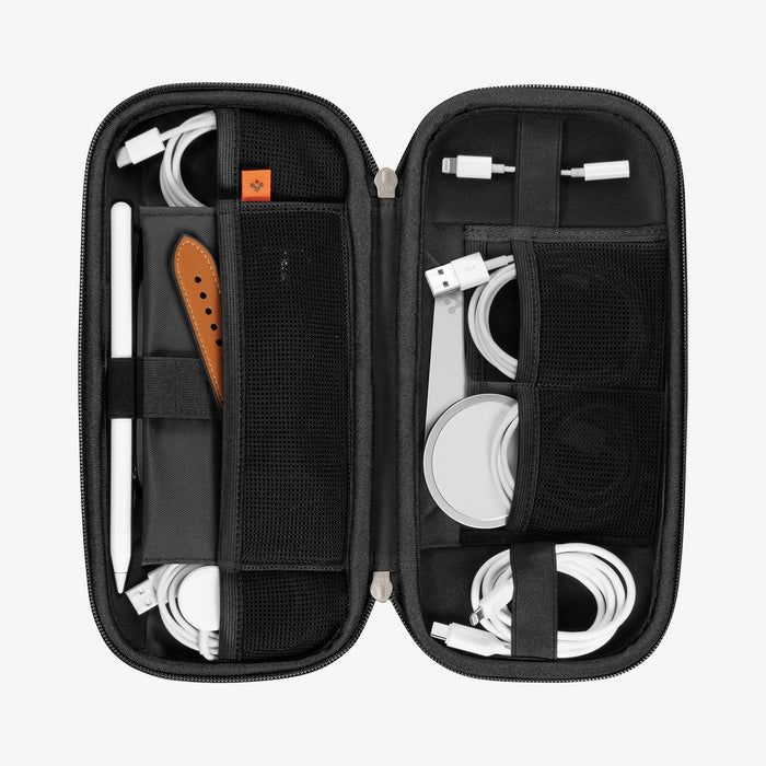 AFA05509 - Rugged Armor® Pro Slim Cable Organizer Bag in black showing the inside of bag with cables, airpods and pencil inserted in slots