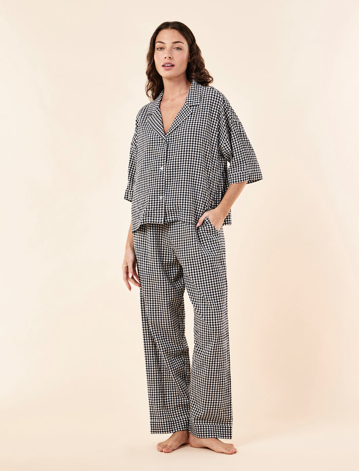 Seersucker Gingham Short Sleeve Shirt and Full Length Pant PJ Set