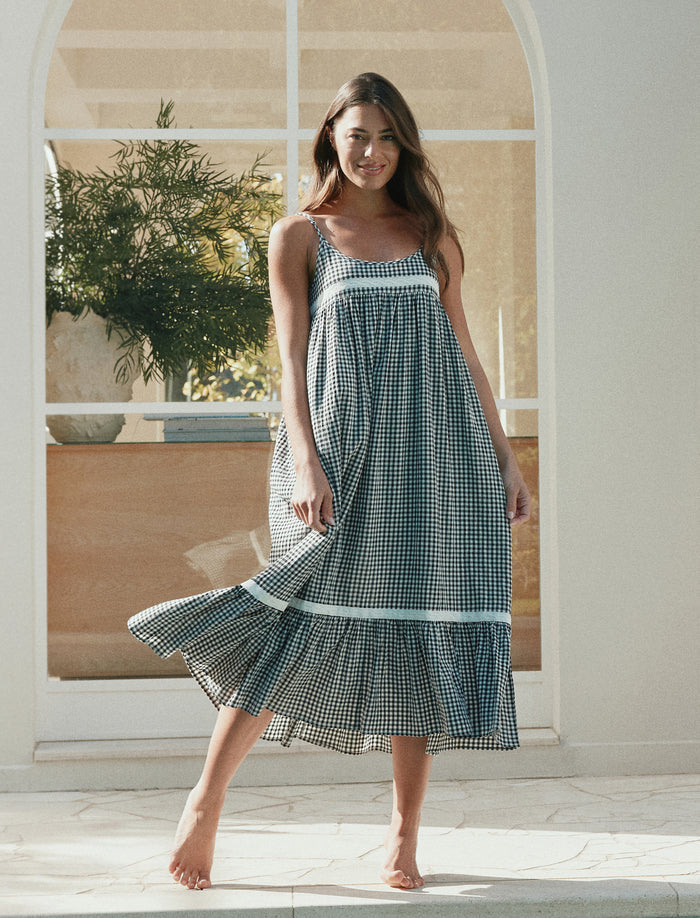 Seersucker Lace Insert Maxi Nightgown