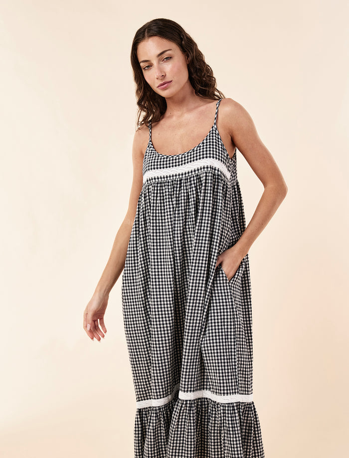 Seersucker Lace Insert Maxi Nightgown