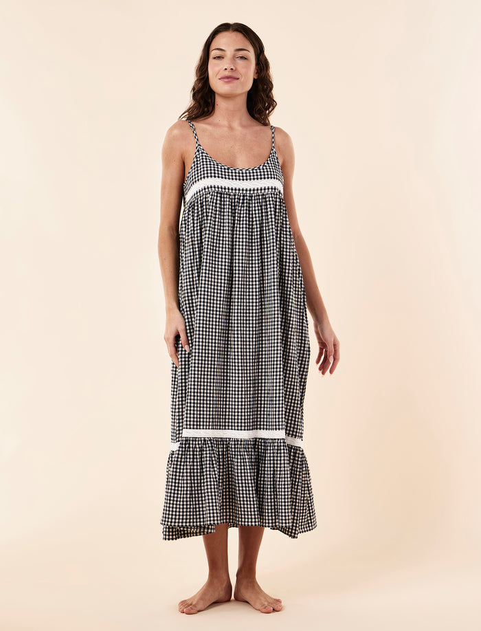 Seersucker Lace Insert Maxi Nightgown