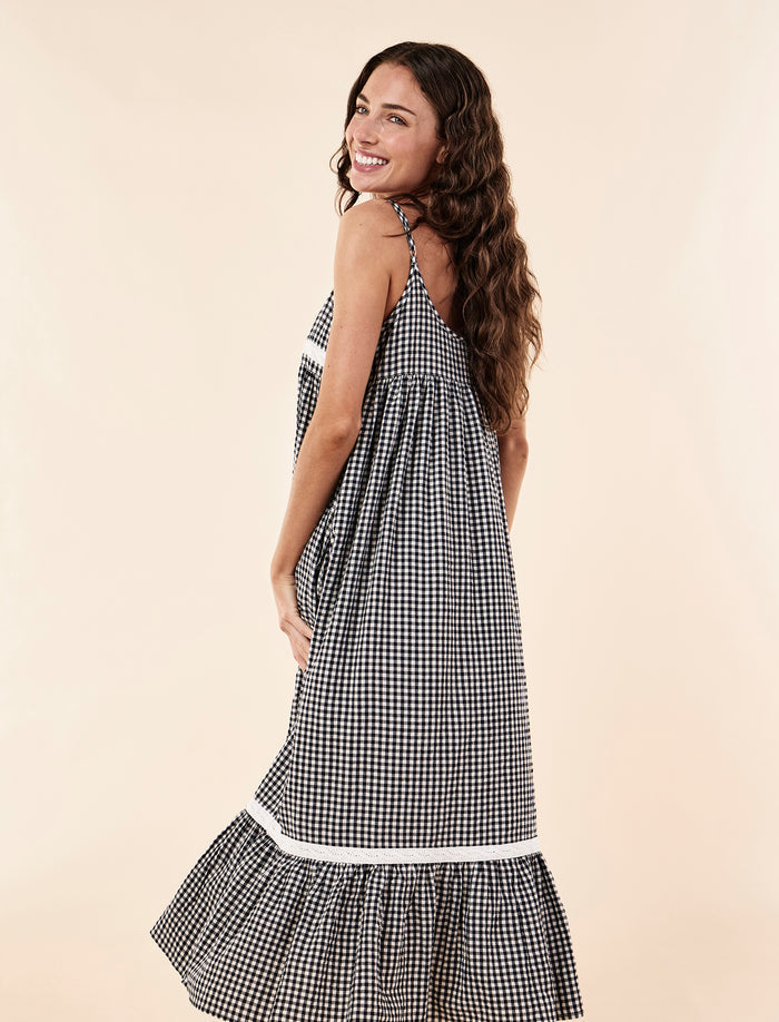 Seersucker Lace Insert Maxi Nightgown
